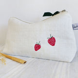 Embroidered Strawberries Ivory Linen Mid Pouch