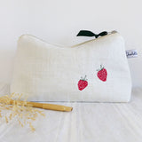 Embroidered Strawberries Ivory Linen Mid Pouch