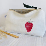 Embroidered Strawberries Ivory Linen Mid Pouch