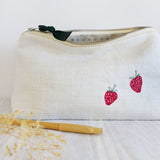 Embroidered Strawberries Ivory Linen Mid Pouch