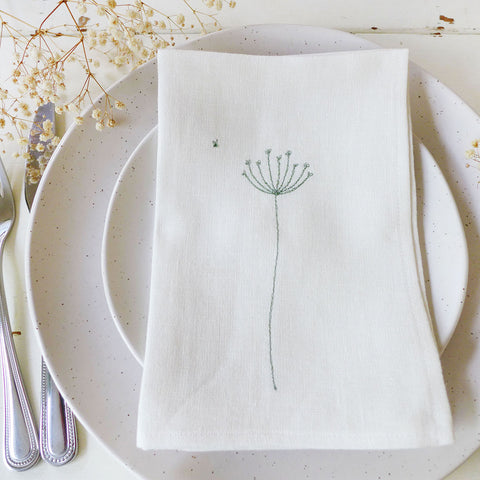 Embroidered White Linen Cow Parsley Napkins