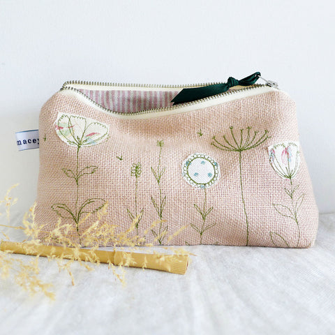 Embroidered Wildflowers Pink Linen Mid Pouch