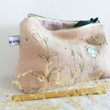 Embroidered Wildflowers Pink Linen Mid Pouch