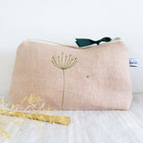 Embroidered Wildflowers Pink Linen Mid Pouch