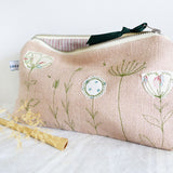 Embroidered Wildflowers Pink Linen Mid Pouch