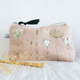 Embroidered Wildflowers Pink Linen Mid Pouch