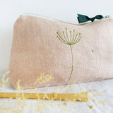Embroidered Wildflowers Pink Linen Mid Pouch