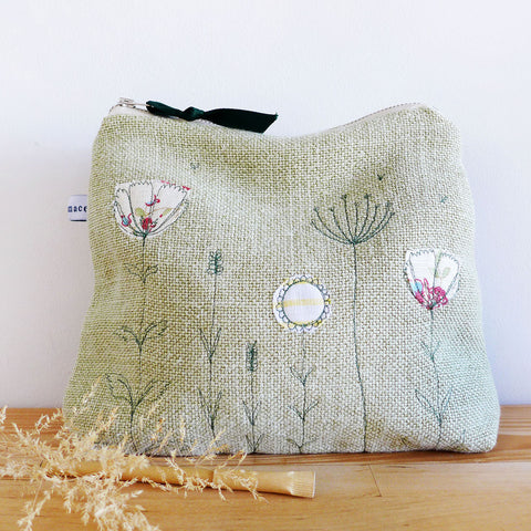 Embroidered Wildflowers Green Tall Pouch