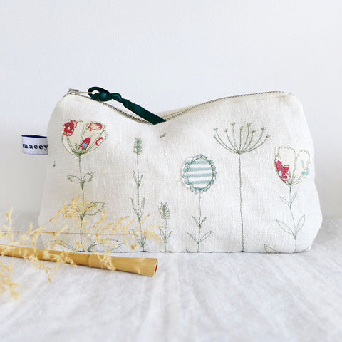 Embroidered Wildflowers Ivory Linen Mid Pouch