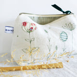 Embroidered Wildflowers Ivory Linen Mid Pouch