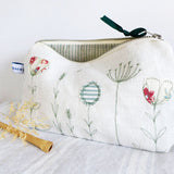 Embroidered Wildflowers Ivory Linen Mid Pouch
