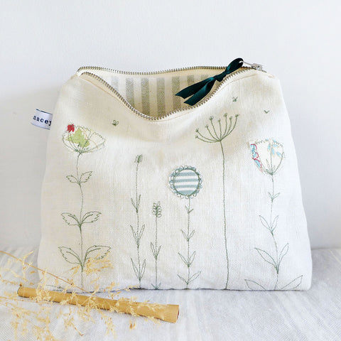 Embroidered Wildflowers Ivory Linen Tall Pouch