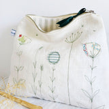 Embroidered Wildflowers Ivory Linen Tall Pouch