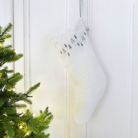 Embroidered Winter Trees Linen Stocking