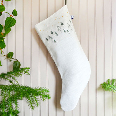 Embroidered Winter Trees Linen Stocking