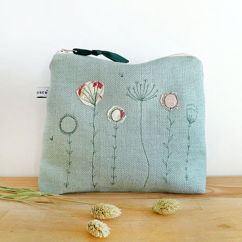 Embroidered Wildflowers Duck Egg Linen Tall Pouch