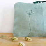 EMBROIDERED LINEN TALL POUCH - duck egg Wildflowers