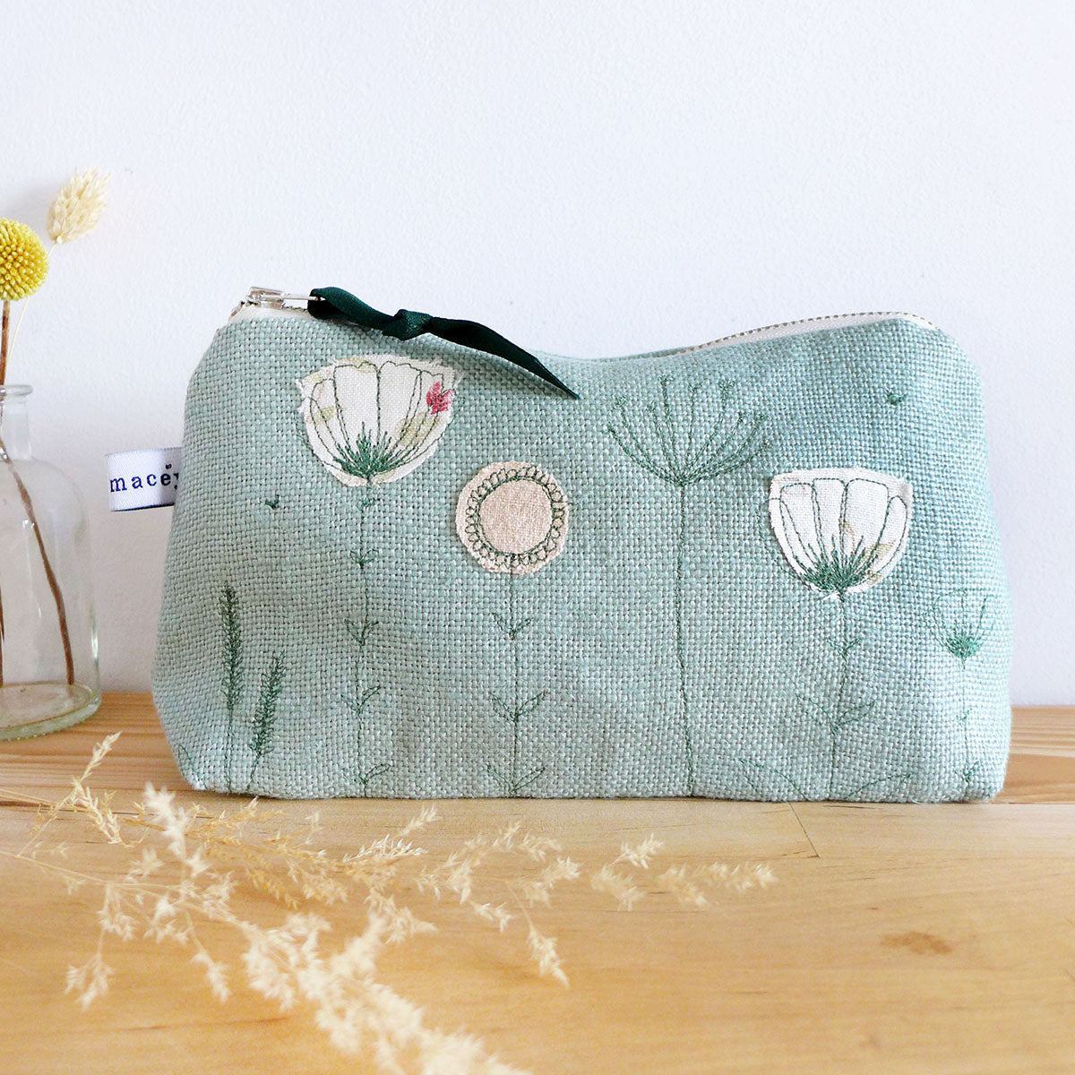 EMBROIDERED LINEN MID POUCH - duck egg Wildflowers – Charlotte Macey