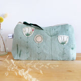 EMBROIDERED LINEN MID POUCH - duck egg Wildflowers