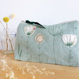 EMBROIDERED LINEN MID POUCH - duck egg Wildflowers