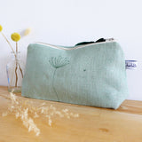 EMBROIDERED LINEN MID POUCH - duck egg Wildflowers