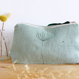 EMBROIDERED LINEN MID POUCH - duck egg Wildflowers