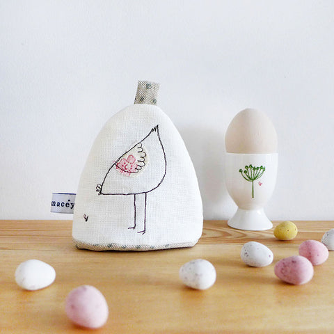 EGG COSY - embroidered ivory linen hen