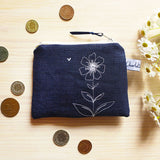 EMBROIDERED LINEN PURSE - navy wildflowers
