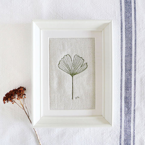 EMBROIDERED LINEN PICTURE - natural ginkgo leaf