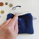 EMBROIDERED LINEN PURSE - navy stars